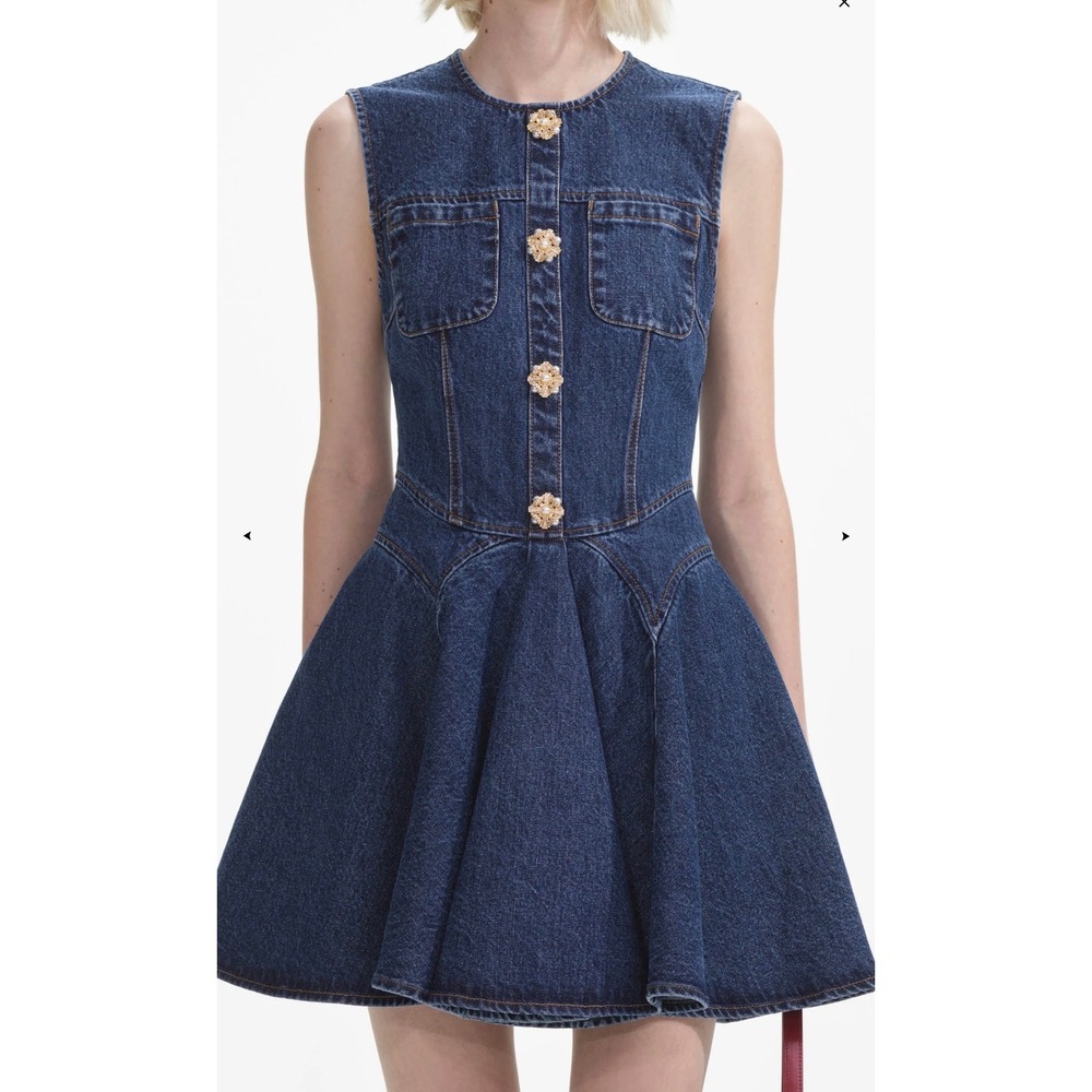 Self-Portrait Skater Denim Mini Dress  Button Fit Flare US‎ 12 UK 16 - Picture 2 of 10